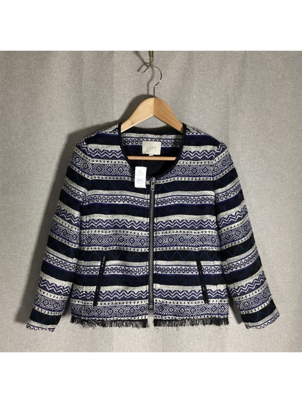Ann Taylor Loft NWT Cropped Fringe Aztec Boho Jacket 2 Navy Striped Cottagecore